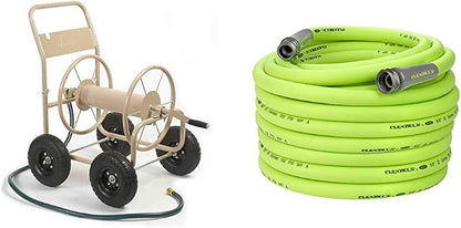 Liberty Garden Industrial Hose Reel Cart and Flexzilla Garden Hose Bundle | Holds 300ft Hose