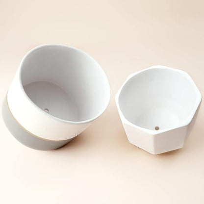 LA Jolie Muse White Ceramic Flower Pot Garden Planters 6.7 Inch Pack 2 Indoor Plant Containers with Gold and Grey Detailing