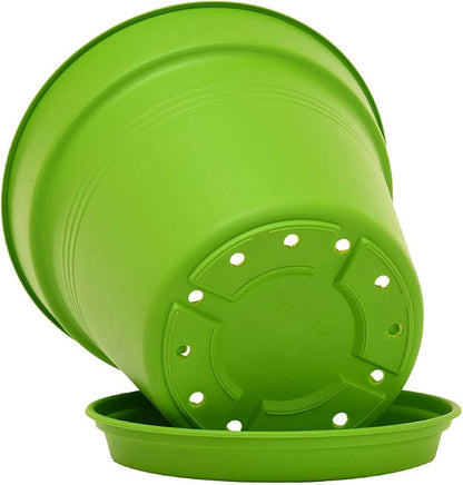 Mintra Garden Pots, 4 Pack Bulk Plastic Plant Pots with Drainage Tray, Round Indoor & Outdoor Decorative Planters with Drain Holes for Flowers, Herbs & Plants, 15cm Diameter – Light Green, 5.9 in