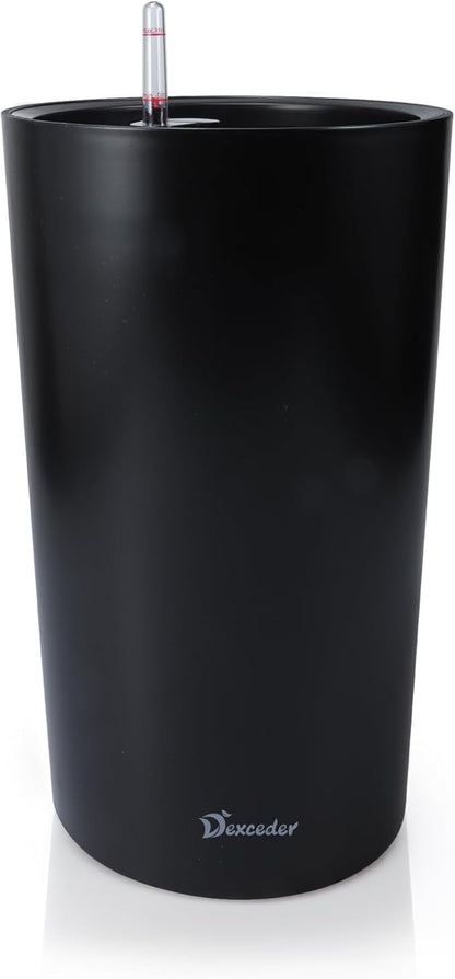 Dexceder 22x13 Self Watering Tall Planter (Black Matte) | High Cylinder, Thickened Large Floor Standing Flower Plant Pot with Water Level Indicator Indoor Outdoor