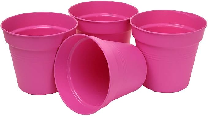 Mintra Garden Pots, 4 Pack Bulk Plastic Plant Pots with Drainage Tray, Round Indoor & Outdoor Decorative Planters with Drain Holes for Flowers, Herbs & Plants, 11cm Diameter – Fuchsia, 4.3 in