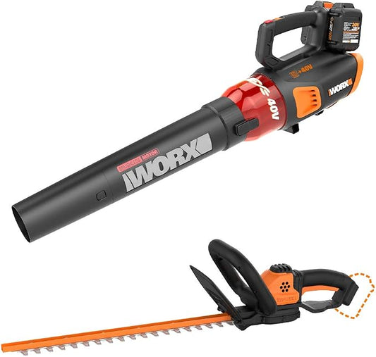 WORX WG584 40V Power Share Turbine Cordless Leaf Blower with Brushless Motor (2x20V Batteries) with Power Share 22-inch Cordless Hedge Trimmer