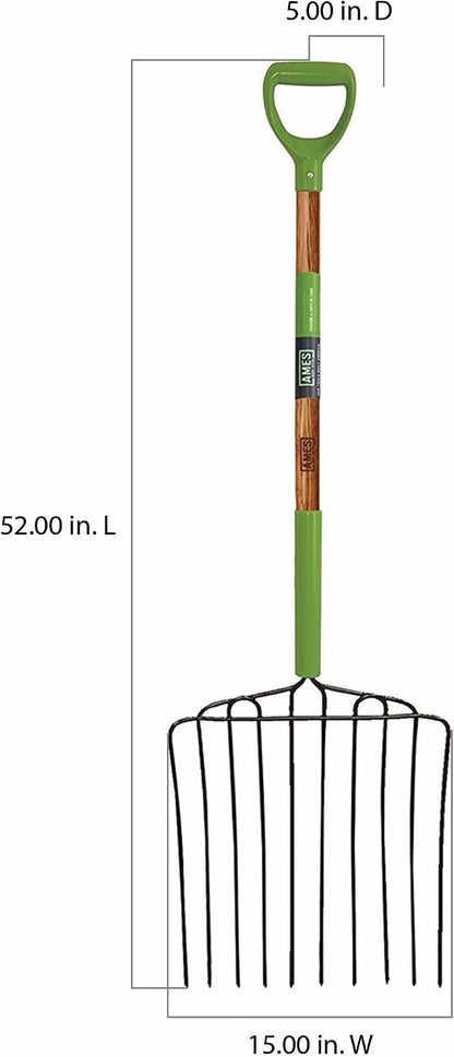 AMES 2827000 10-Tine Welded Steel Ensilage Fork with Hardwood Handle and D-Grip, 52-Inch, Brown