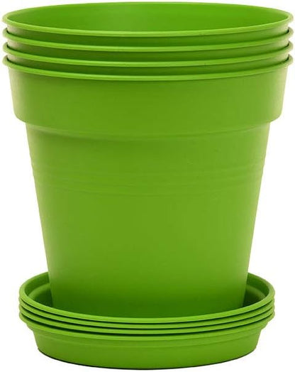 Mintra Garden Pots, 4 Pack Bulk Plastic Plant Pots with Drainage Tray, Round Indoor & Outdoor Decorative Planters with Drain Holes for Flowers, Herbs & Plants, 13cm Diameter – Light Green, 5 in