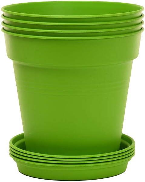 Mintra Garden Pots, 4 Pack Bulk Plastic Plant Pots with Drainage Tray, Round Indoor & Outdoor Decorative Planters with Drain Holes for Flowers, Herbs & Plants, 13cm Diameter – Light Green, 5 in