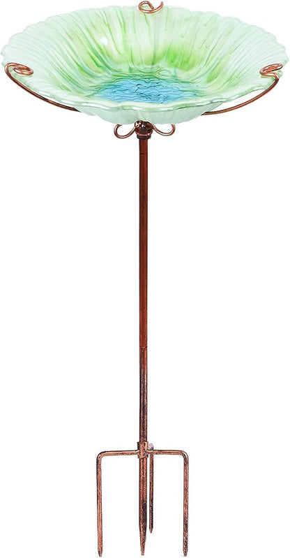 MUMTOP 26 Inch Height Glass Birdbath Birdfeeder with Metal Stake Garden Outdoor Green