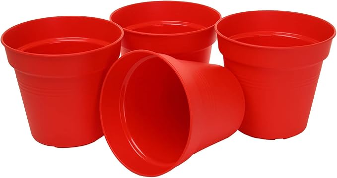 Mintra Garden Pots, 4 Pack Bulk Plastic Plant Pots with Drainage Tray, Round Indoor & Outdoor Decorative Planters with Drain Holes for Flowers, Herbs & Plants, 15cm Diameter – Red, 5.9 in
