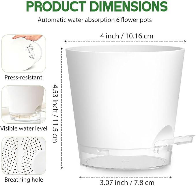 Self Watering Pots for Plants, 2026 New Flower Plant Pots with Drainage Holes, Wicking and Clear Reservoirs for Succulent, Aloe, Cacti and Others - 6 Pack (White, 4")