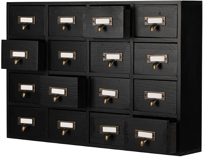 Apothecary Drawers Apothecary Cabinet with Drawers, Black | 16 Drawer Library Card Catalog, Wooden Storage Box, Wooden Desktop Organizer with Metal Handles-Fulled Assembled