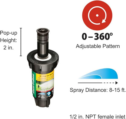Rain Bird 1802HEVN15 High Efficiency Professional Pop-Up Sprinkler, Adjustable 0° - 360° Pattern, 8' - 15' Spray Distance, 2" Pop-up Height