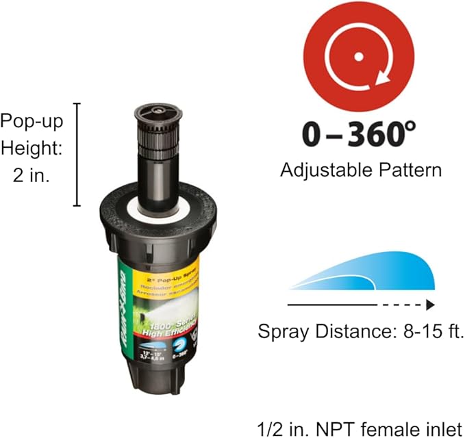Rain Bird 1802HEVN15 High Efficiency Professional Pop-Up Sprinkler, Adjustable 0° - 360° Pattern, 8' - 15' Spray Distance, 2" Pop-up Height (Pack of 2)