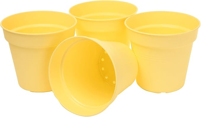 Mintra Garden Pots, 4 Pack Bulk Plastic Plant Pots with Drainage Tray, Round Indoor & Outdoor Decorative Planters with Drain Holes for Flowers, Herbs & Plants, 19cm Diameter – Yellow, 7.5 in