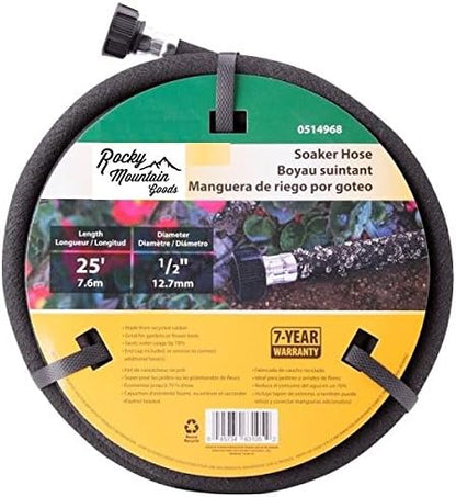Rocky Mountain Goods Soaker Hose - Heavy duty rubber - Saves 70% water - End cap included for additional hose connect - Great for gardens/flower beds - Reinforced fittings (25-Feet by 1/2-inch)
