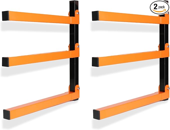 Lumber Storage Rack Wall Mounted 2 Pack, Wood Organizer with 3-Level Holds Up to 660LBS, Heavy Duty Folding Metal Garage Organizer for Indoor and Outdoor, Orange
