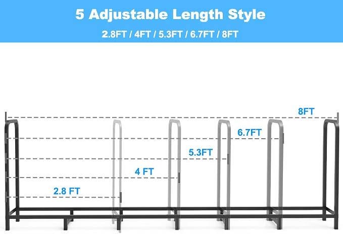8ft Firewood Rack Holder, Adjustable Heavy Duty Fire Log Stacker Stand for Fireplace, Outdoor Indoor Metal Wood Pile Storage Organizer, Patio Logs Stand tool, Black