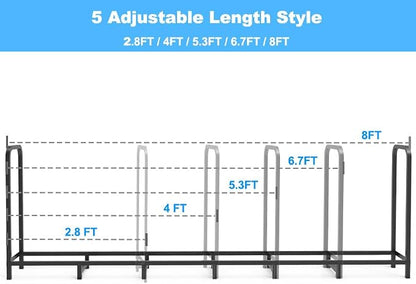 8ft Firewood Rack Holder, Adjustable Heavy Duty Fire Log Stacker Stand for Fireplace, Outdoor Indoor Metal Wood Pile Storage Organizer, Patio Logs Stand tool, Black