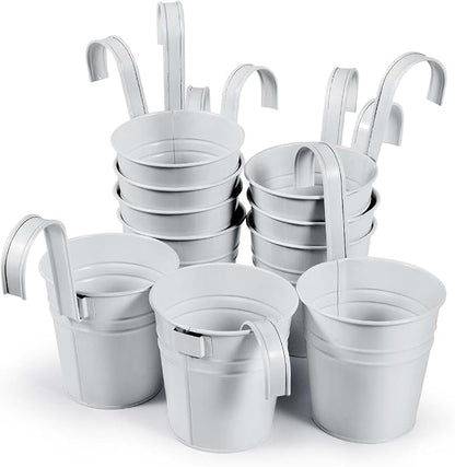 OBTANIM 12 Pack Metal Hanging Flower Pots Railing Planter Outdoor Fence Hanging Bucket Plant Holder with Detachable Hooks Drain Holes for Home Garden Yard Decor (White, 4 x 4 Inch)