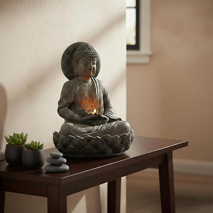 Teamson Home Buddha Zen Statue Water Fountain, Stone Gray | LED Light, Pump Included, Outdoor Patio Garden Backyard Decking, 28 Inch Height