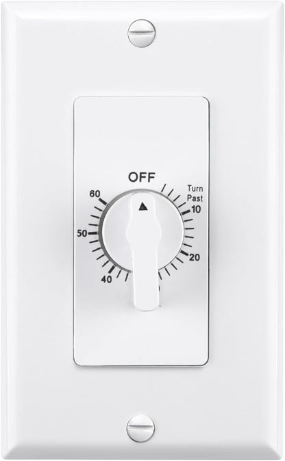 BN-LINK 60 Minute Spring Wound Bathroom Fan Timer Switch, Mechanical Countdown Light Switch Timer for Exhaust Fan & Lights, No Neutral Required, Wall Plate Included, ETL Listed, 1 Pack