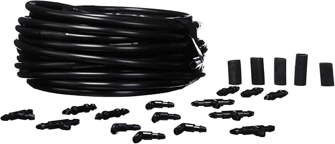 Raindrip R280DT Drip-A-Long1/4 in. Dripline Kit includes 50 feet of 1/4-Inch Dripline preassembled with 1/2 GPH drippers, 5 Barbed Tees, 5 Barbed Elbows, 5 Barbed Couplings, 5 End Plugs