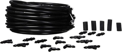Raindrip R280DT Drip-A-Long1/4 in. Dripline Kit includes 50 feet of 1/4-Inch Dripline preassembled with 1/2 GPH drippers, 5 Barbed Tees, 5 Barbed Elbows, 5 Barbed Couplings, 5 End Plugs