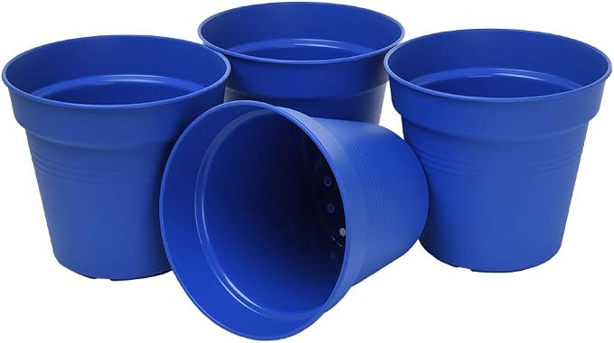 Mintra Garden Pots, 4 Pack Bulk Plastic Plant Pots with Drainage Tray, Round Indoor & Outdoor Decorative Planters with Drain Holes for Flowers, Herbs & Plants, 11cm Diameter – Blue, 4.3 in