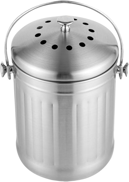 Restaurantware RW Clean 1.3 Gallon Countertop Food Waste Bin 1 Compact Food Waste Container - Avoids Rusting Airtight Lid Stainless Steel 201 Countertop Compost Bin Charcoal Filter