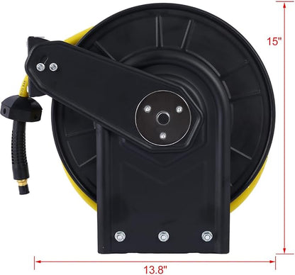 Air Reel Retractable, Industrial 3/8" Inch x 50' Feet Long Premium Commercial Flex Hybrid Polymer Hose, Retractable Air Compressor Hose Reel, Max 300 PSI Heavy Duty Steel Frame For Indoor&Outdoor Use