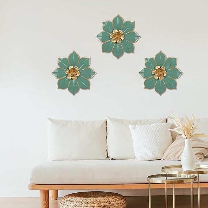 Metal Flowers Wall Decor Set of 3, Green & Gold 3D Floral Metal Wall Art Decor for Inoor & Outdoor Use, Vintage & Modern Walls Arts for Bathroom, Living Room, Bedroom, Garden, Patio, Porch, Office,10"