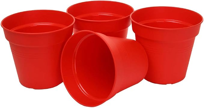 Mintra Garden Pots, 4 Pack Bulk Plastic Plant Pots with Drainage Tray, Round Indoor & Outdoor Decorative Planters with Drain Holes for Flowers, Herbs & Plants, 11cm Diameter – Red, 4.3 in