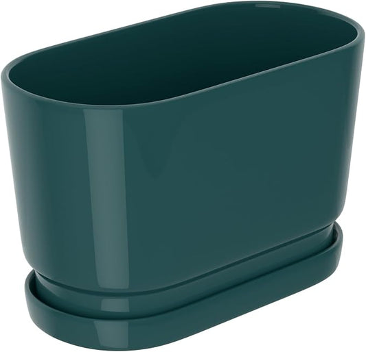 8.9" Rectangular Ceramic Planter with Drainage and Saucer, Green | Indoor Outdoor Use, 8.9"L x 4.5"W x 5.3"H, Modern Home Decor, Window Box Planter, Green Glossy Finish