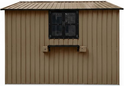 10x8 FT Storage Shed,Outdoor Metal Building Backyard Shed with 2 Clear Openable Windows,Windowsill & Garden Bed Flower Rack,Lockable Double Doors Tool Shed, Heavy Duty Waterproof,for Yard,Brown
