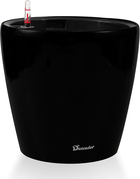 Dexceder 13x12 Self Watering Planter with Wheels (Black Matte) | Inner Pot Design, Thickened Large Floor Standing Flower Plant Pot with Water Level Indicator Indoor Outdoor