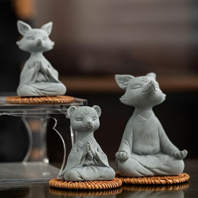 livelyfish Meditating Fox Buddha Statue Aquarium Zen Yoga Animal Figurines Sandstone Sculpture for Fish Tank Garden Tabletop Decor, L1