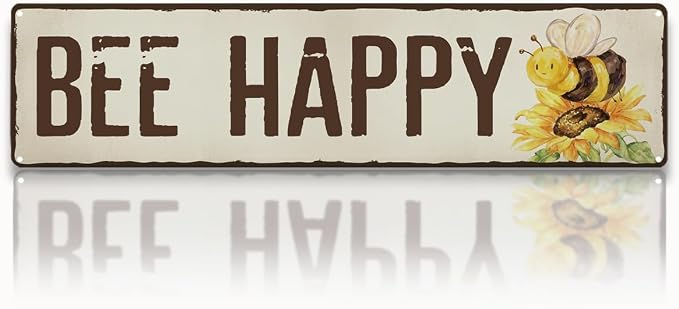 Bee Happy Garden Metal Tin Sign, Vintage Sunflower Decor, Rustic Farmhouse Garden Wall Decor, for Yard Fence Door Porch, Outdoor Gardens Decoration, Ideal for Bee Lovers, 15.7 x 3.9 Inches