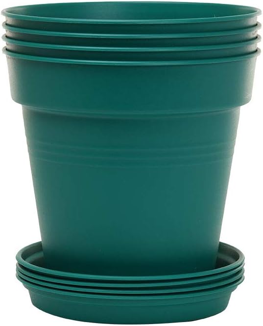 Mintra Garden Pots, 4 Pack Bulk Plastic Plant Pots with Drainage Tray, Round Indoor & Outdoor Decorative Planters with Drain Holes for Flowers, Herbs & Plants, 15cm Diameter – Forest Green, 5.9 in