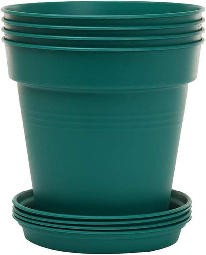 Mintra Garden Pots, 4 Pack Bulk Plastic Plant Pots with Drainage Tray, Round Indoor & Outdoor Decorative Planters with Drain Holes for Flowers, Herbs & Plants, 15cm Diameter – Forest Green, 5.9 in