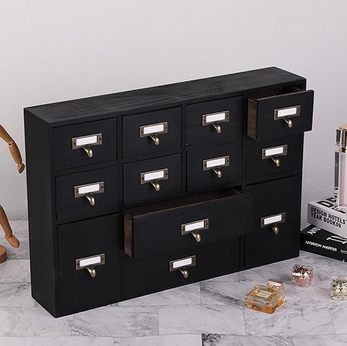 Apothecary Drawers Apothecary Cabinet with Drawers, Black | 12 Drawer Library Card Catalog, Wooden Storage Box, Wooden Desktop Organizer with Metal Handles-Fulled Assembled