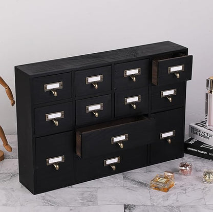 Apothecary Drawers Apothecary Cabinet with Drawers, Black | 12 Drawer Library Card Catalog, Wooden Storage Box, Wooden Desktop Organizer with Metal Handles-Fulled Assembled