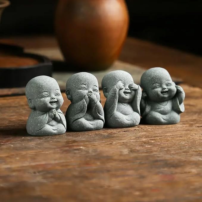 4Pcs Mini Zen Laughing Buddha Figurines Resin Praying Monk Statue Rustic Meditation Garden Ornaments for Bonsai Pots Landscaping Ornament