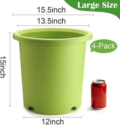 4-Pack 16 inch Large Deep Planters for Outdoor Plants -Light Green Plastic Plant Pots with Drainage Holes & Elevated Base for Root Aeration, 10-Gallon Heavy-Duty Garden Flower Pots, 16"W× 15"H