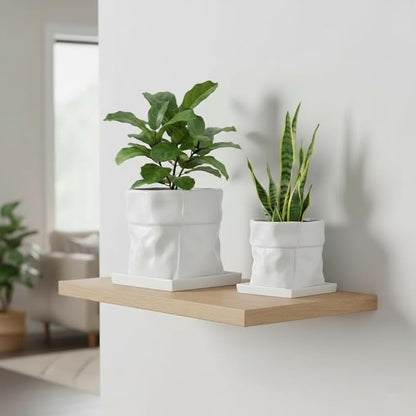 Nihow 8 Inch Ceramic Plant Pot with Drainage & Square Saucer,White | Bag Shape Design,Indoor & Outdoor,Living room/Office/Bedroom/Windowsill/Tabletop,Plant Lovers/Gardeners/Beginners