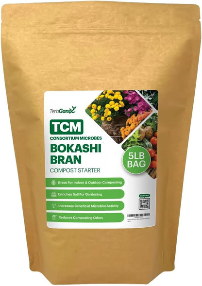 TeraGanix TCM Premium Bokashi Bran, Compost Accelerator, Rice Bran Mix, Odor Eliminator, Bokashi Compost Starter for Kitchen Compost Bin & Soil (5 Lb)