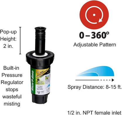 Rain Bird 1802HV15PR Pressure Regulating (PRS) High Efficiency Professional Pop-Up Sprinkler, Adjustable 0° - 360° Pattern, 8' - 15' Spray Distance, 2" Pop-up Height