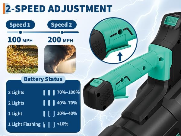 DEXSO Clearance Cordless Leaf Blower - 650 CFM / 200 MPH 2 Speed 21 V Lithium-ion 4.0Ah Battery and Charger Included, Lightweight Electric Leaf Blowers for Lawn, Yard Care, Leaves, Dust