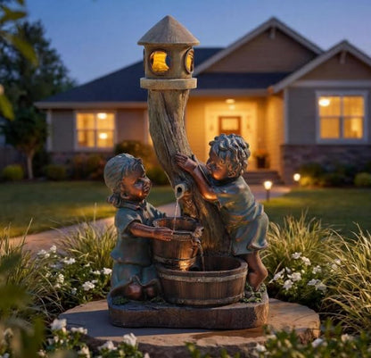 31" Boy and Girl Outdoor Fountain LED 3-Tier Waterfall, Faux Bronze | hand-painted antique bronze, Wood barrel and Pagoda design, patio garden,Yard and Porch
