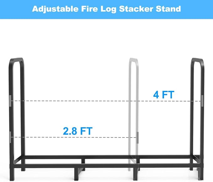 4ft Firewood Rack Holder, Adjustable Heavy Duty Fire Log Stacker Stand for Fireplace, Outdoor Indoor Metal Wood Pile Storage Organizer, Patio Logs Stand tool, Black