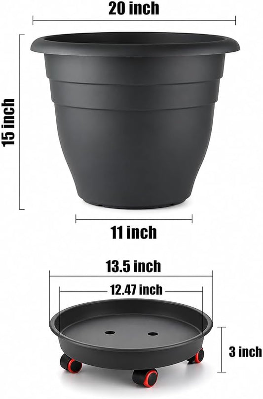 RooTrimmer 3 Pack 20 Inch Large Plant Pots with 13.5 Inch Rolling Saucers,Heavy Duty Planters with Wheels and Drainage Holes,Plastic Flower Pots for Indoor Outdoor Large Plants
