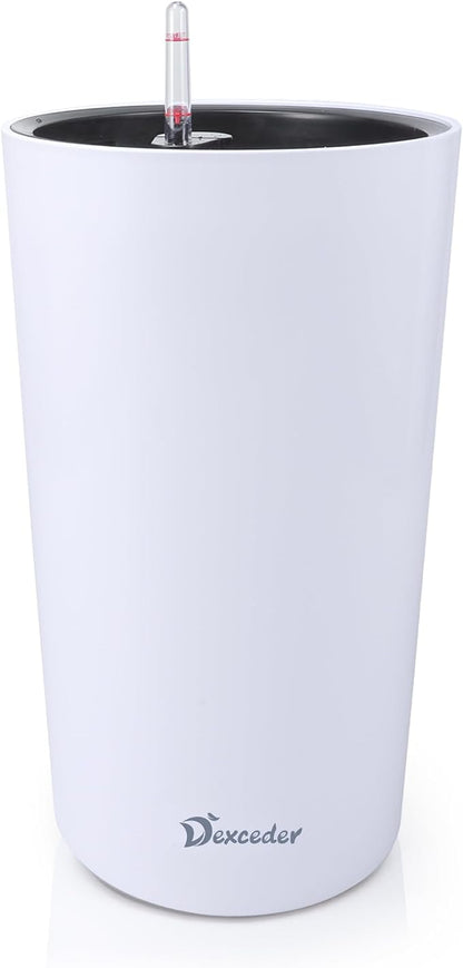 Dexceder 22x13 Self Watering Tall Planter (White Matte) | High Cylinder, Thickened Large Floor Standing Flower Plant Pot with Water Level Indicator Indoor Outdoor