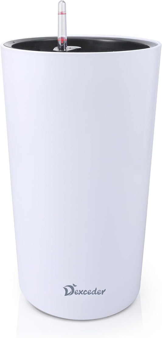 Dexceder 22x13 Self Watering Tall Planter (White Matte) | High Cylinder, Thickened Large Floor Standing Flower Plant Pot with Water Level Indicator Indoor Outdoor